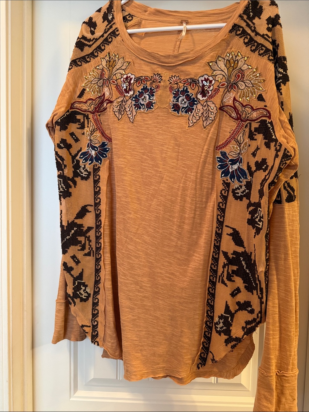 Free People Embroidered Floral Long Sleeve Top in Rust Orange